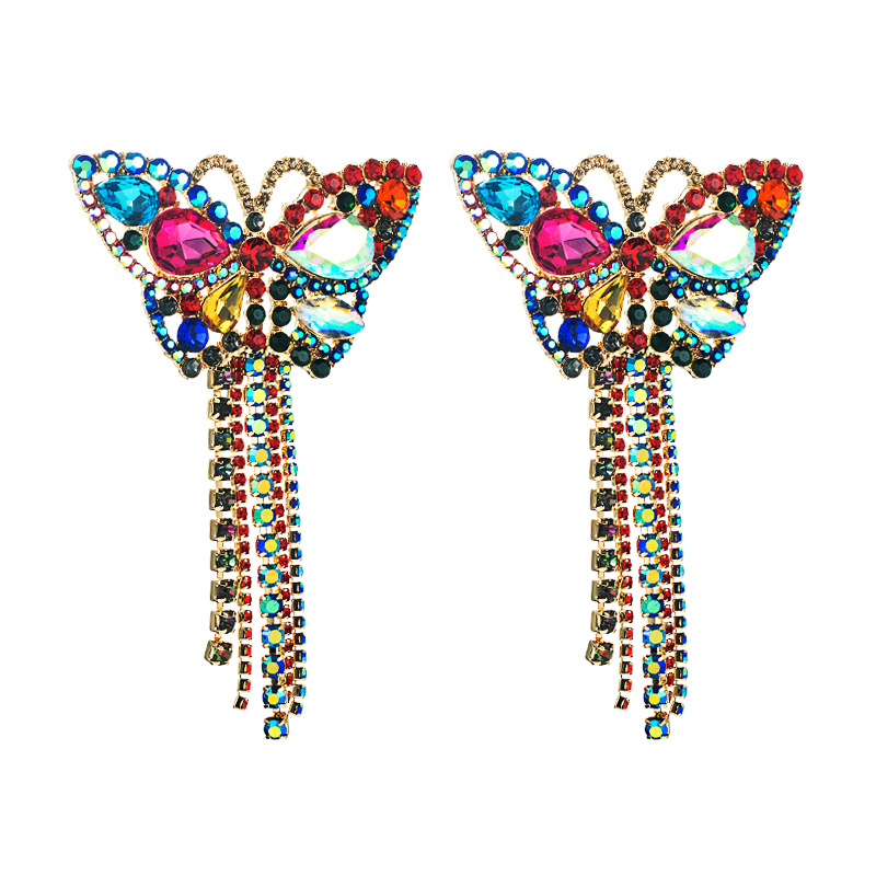 Mode Tempérament Exagéré Bal Long Papillon Gland Alliage Incrusté Couleur Strass Brillant Boucles D&#39;oreilles display picture 6