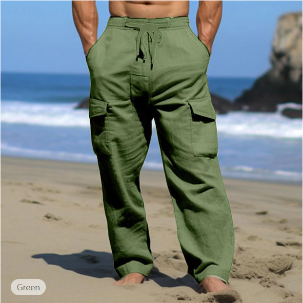 2024 Herren Sommerhose mit Kordelzug, Mehrere Taschen, Gerades Rohr, Flach, Bequem, Atmungsaktiv, Täglich, Outdoor,_voghion.com