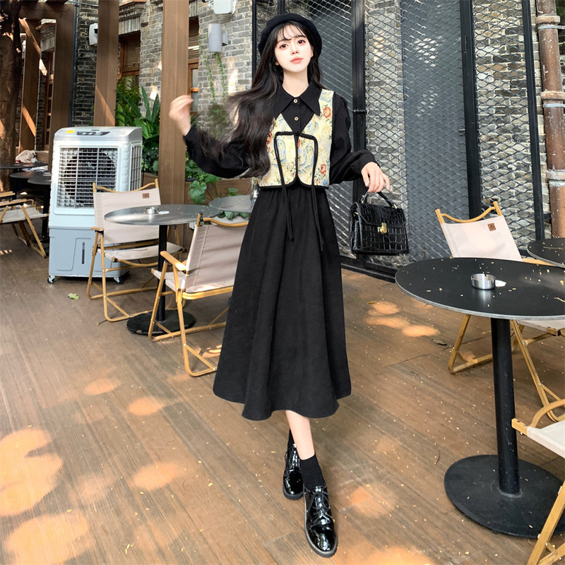 New Chinese-Style Buttoned National Style Vest Two-Piece Dress Set for Autumn and Winter, Plus-Size Retro Waist-Cinching Slimming Dress Set