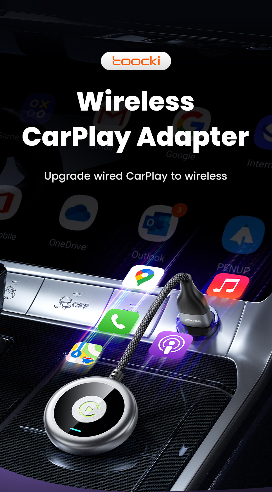 Toocki Car Wired to Wireless Carplay Apple Charging Two-In-One Smart Car-Machine Interconnection Navigation Box
