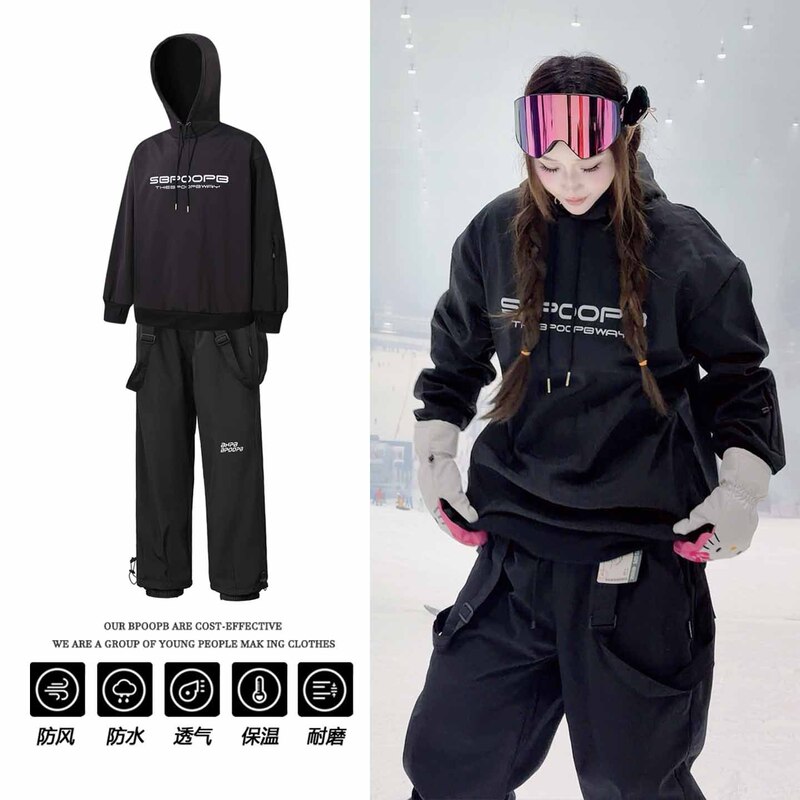 Ski Suit Hoodie Suit for Men and Women Waterproof Ski Sweatshirt Fleece-Lined Hip-Hop Loose Oversize Snowboarding Suit