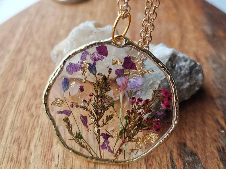 Yorkshire Heather plant terrarium pendant necklace in 20 "gold plated or 14K gold