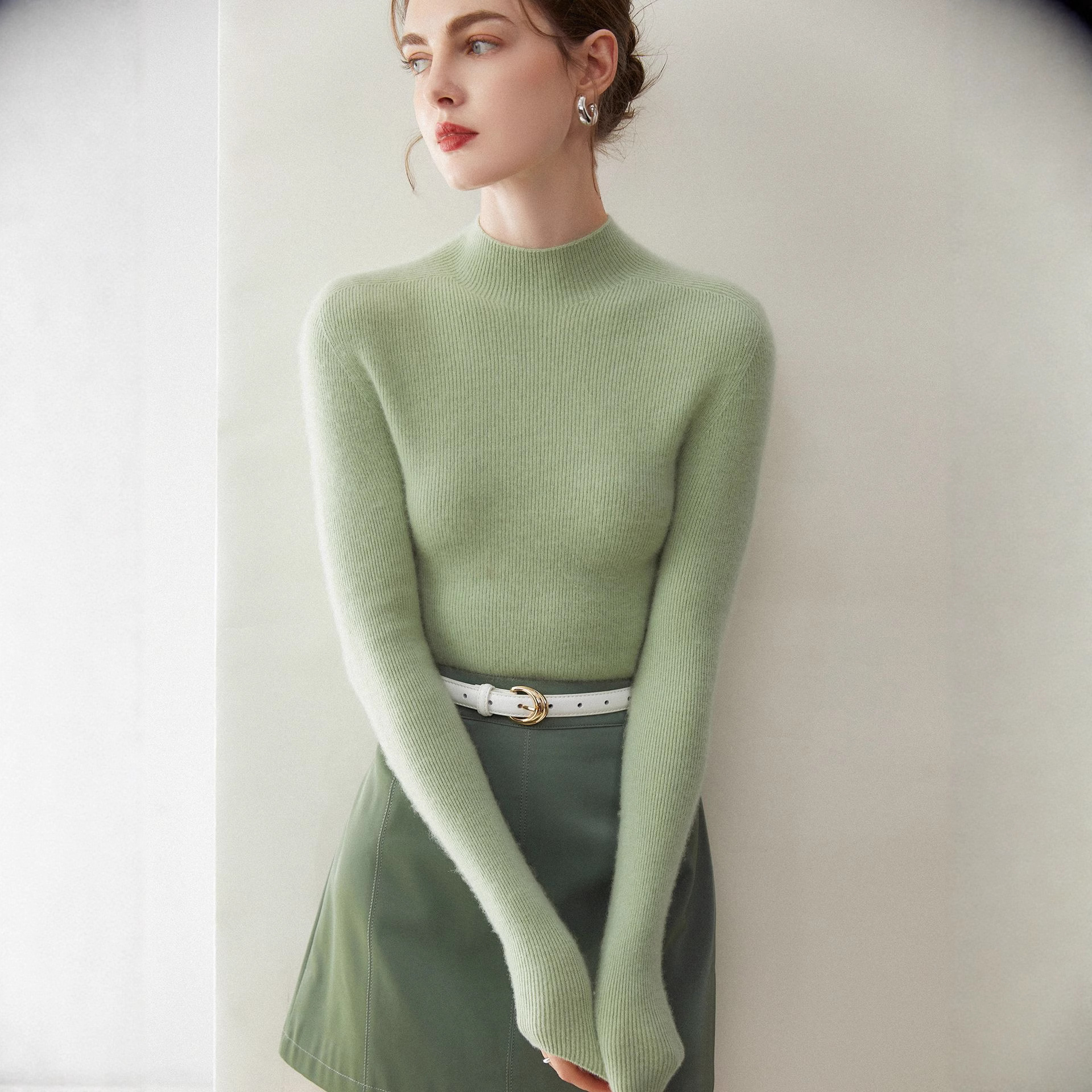 Cashmere Sweater Women's Half Turtle Collar 100 Pure Cashmere Slim Fit One-Line Seamless Autumn and Winter Casual Bottoming Easiest for Match Sweater