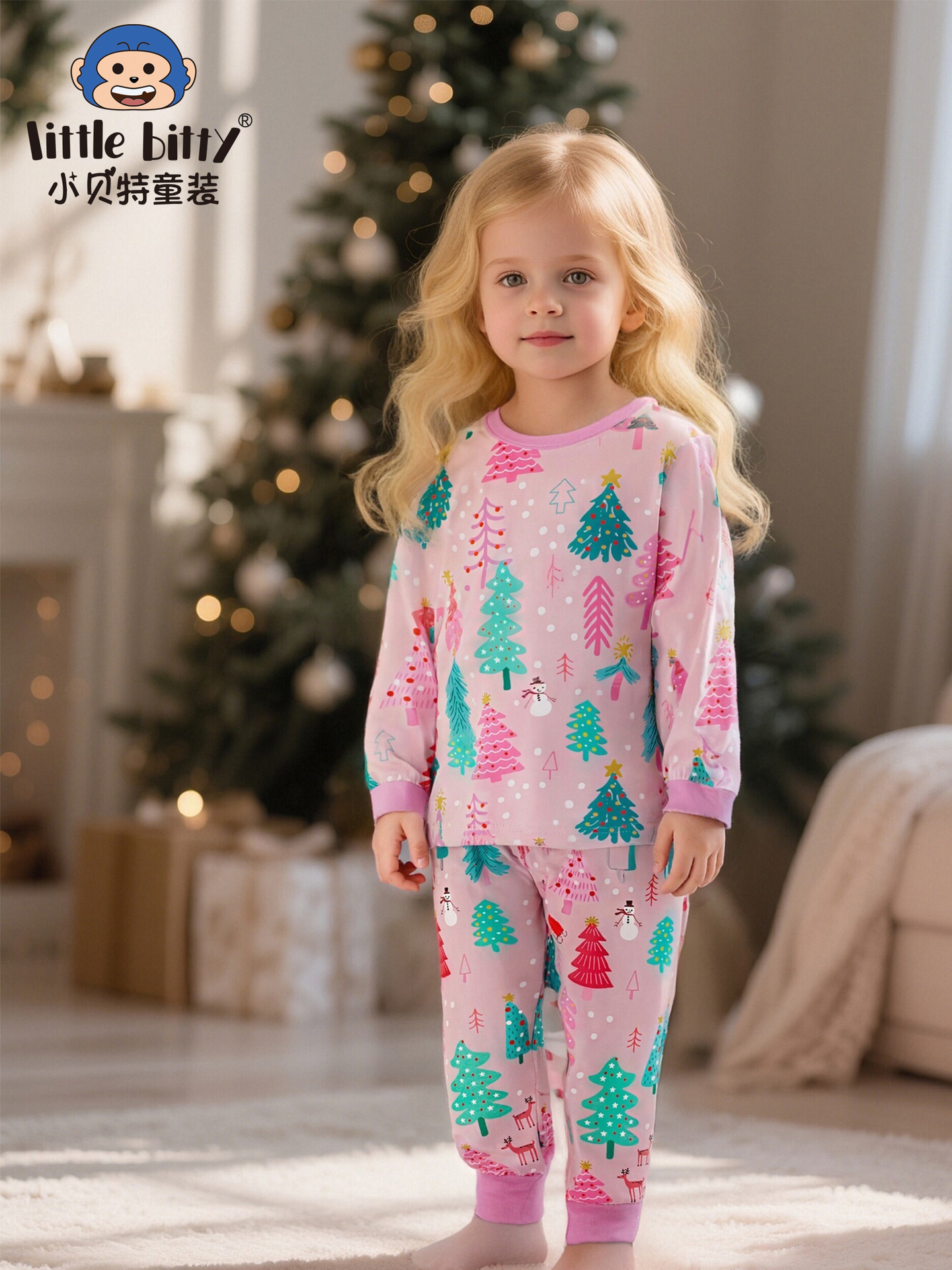 Cross-Border Autumn and Winter Children's Clothing Christmas Long-Sleeved Pants Suit Cartoon Christmas Tree Print Milk Silk Home Clothes Pajamas