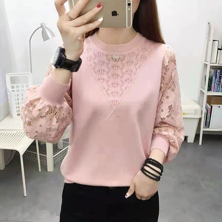 Весенне-осенняя Классическая нижняя рубашка, женский кружевной пуловер, свитер с круглым вырезом, полым рукавом-фонариком, Повседневный свитер, Женская внутренняя Мода