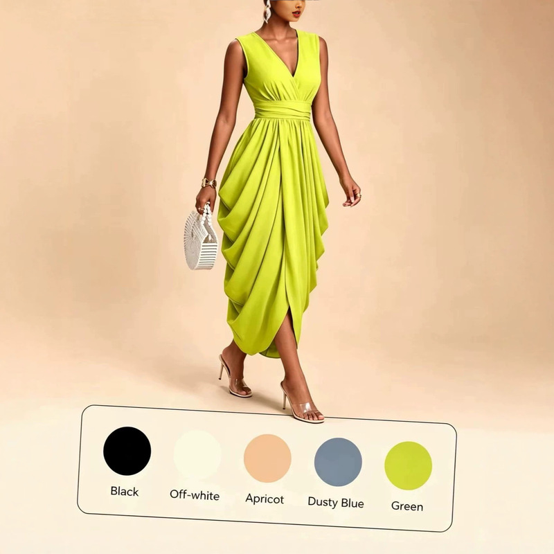 2026 European and American Cross-Border Hot-Selling V-Neck Sleeveless Waist-Cinching Dress, Irregular Draped Large Hem Mid-Length Dress