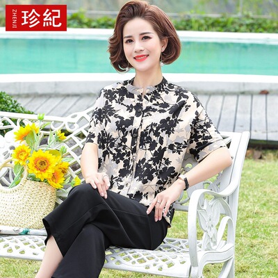 媽媽裝襯衫夏季新品短袖印花時尚上衣中老年女裝40-55歲