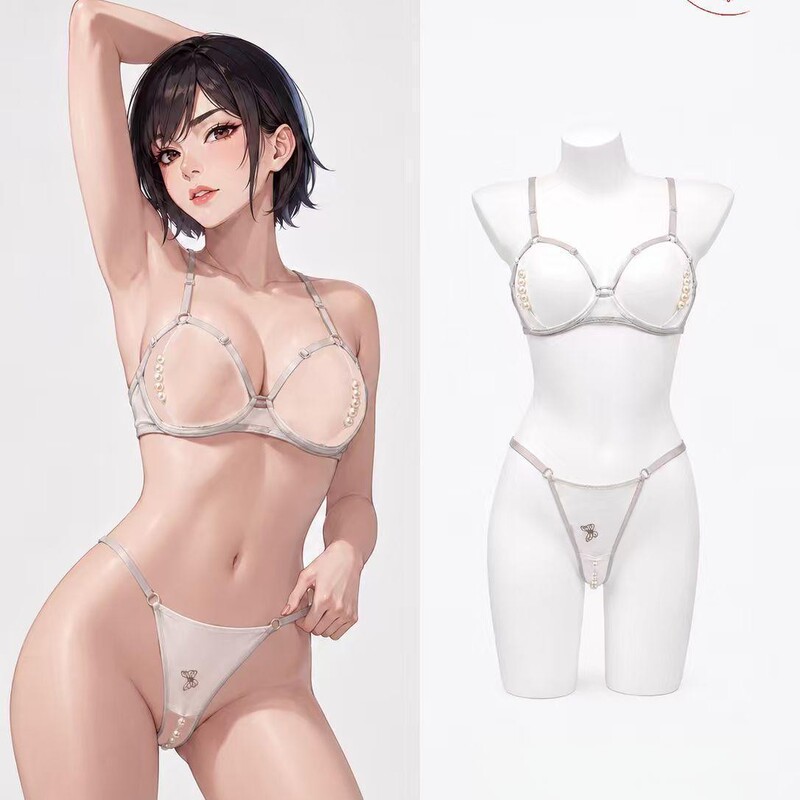 2026 New Sexy Women's Plus Size Lingerie Set with Hollow Design, Underwire, Pearl Panties, and Easy-to-Wear Bra