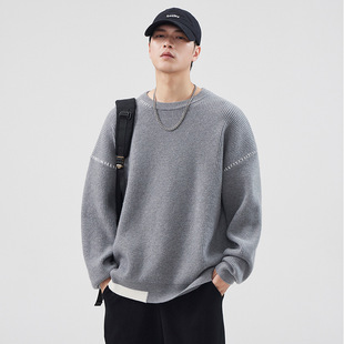 Grey High-grade Sweater Men's 2024 New Autumn and Winter Stitching Warm Loose Crewneck Pullover Outer Wear Knitted Sweater