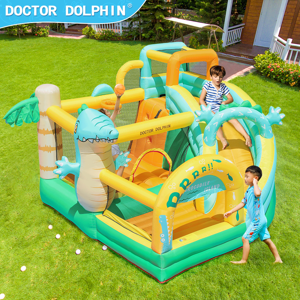 Doctor Delfín | Castillo inflable infantil para exteriores, parque de atracciones con trampolín, pequeño castillo inflable con tobogán y trampolín combinados para uso doméstico
