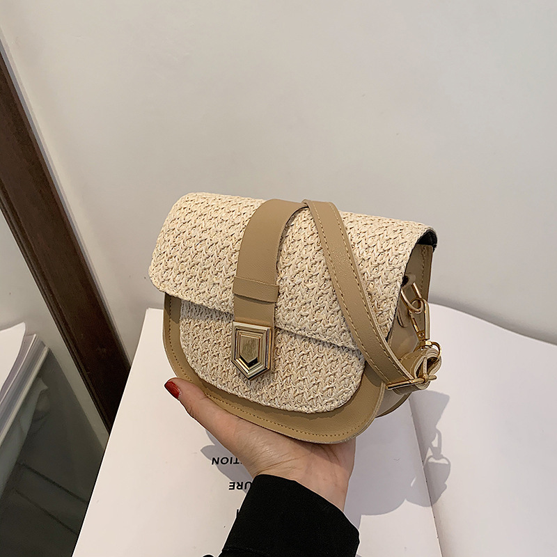 Daily Occasion Straw Material Women's Backpack Backpack Solid Color Pattern Women's Small Straw Solid Color Basic Square Flip Cover Shoulder Bag