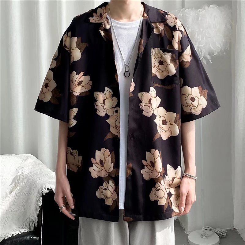 Hong Kong estilo Retro Vintage floral camisa de manga corta Estilo Hawaiano tailandés diseño sentido Ruan guapo camisa suelta para hombres y mujeres
