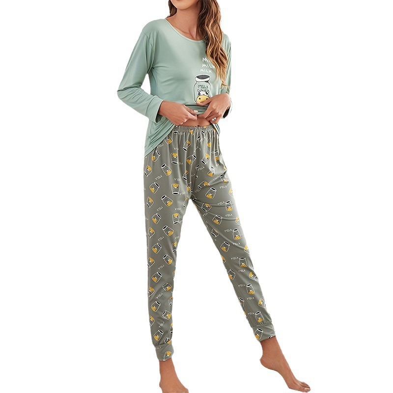 Comercio exterior transfronterizo pijamas europeos y americanos ropa de hogar para mujer Amazon cuello redondo para mujer pantalones de dibujos animados de manga larga traje de otoño