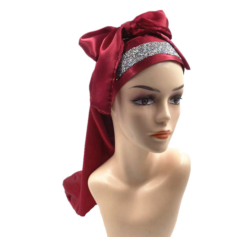 Cross-border Amazon wide-brimmed solid color colored diced drilling long hair cap long belt long tube hair care cap hairdressing cap nightcap