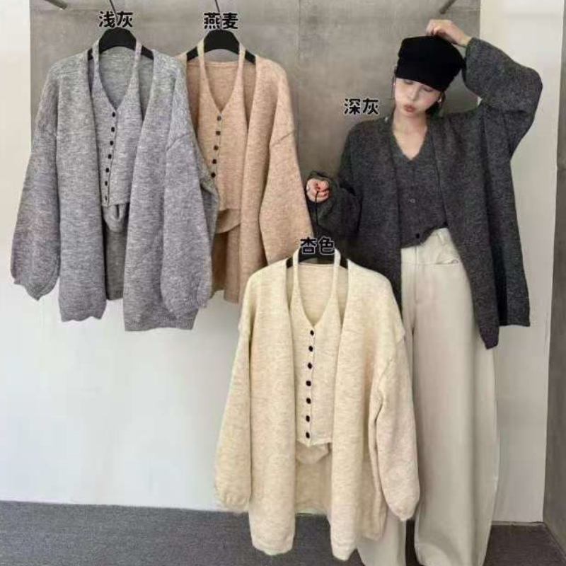 韩系大版 V领挂脖背心女早秋长袖毛衣无扣针织开衫两件套装上衣潮|undefined