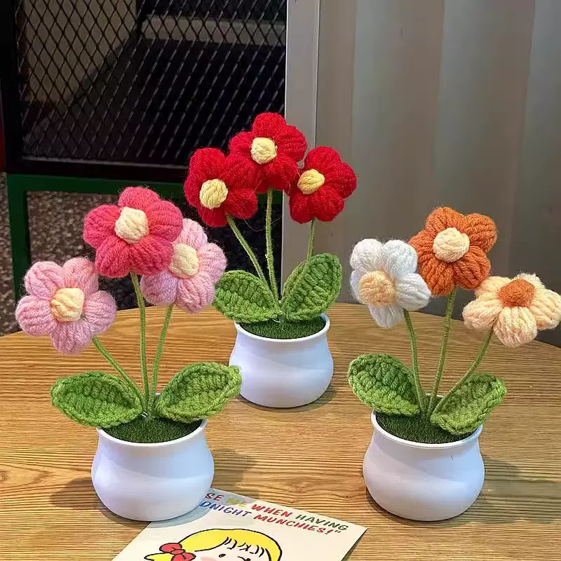 成品手工编织铃兰盆栽家居摆件针织仿真花毛线钩织花束假花礼物