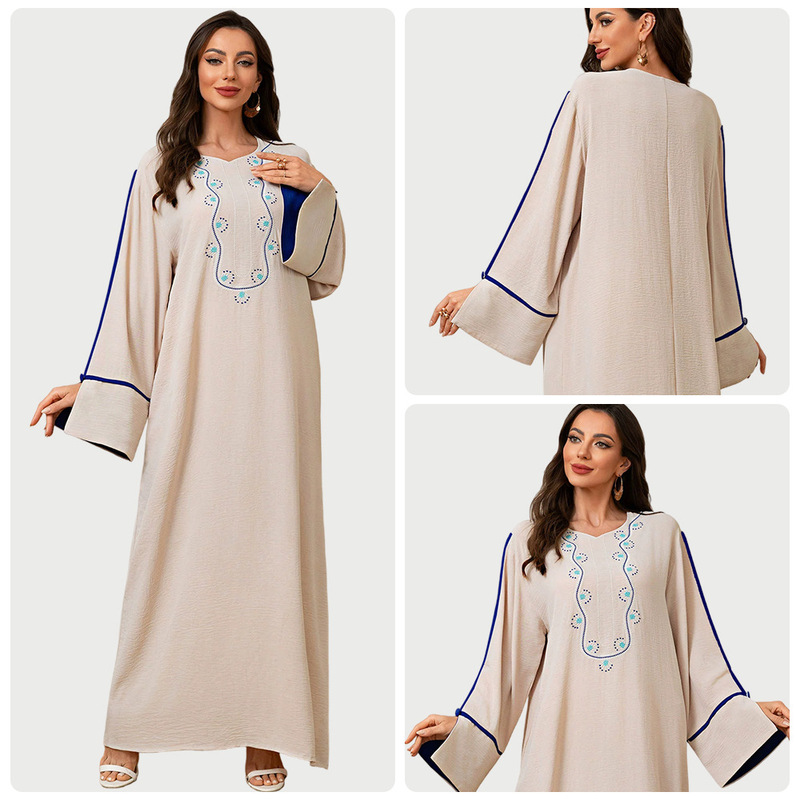2025 Embroidered Patchwork Color-Blocked Robe, Loose Plus-Size Long Dress, Fashionable Casual Style Women's Clothing