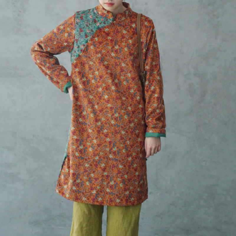 Special Offer! Original Retro Pastoral Print Corduroy Long Cheongsam Chinese Style Fun Contrasting Color Dress L21372