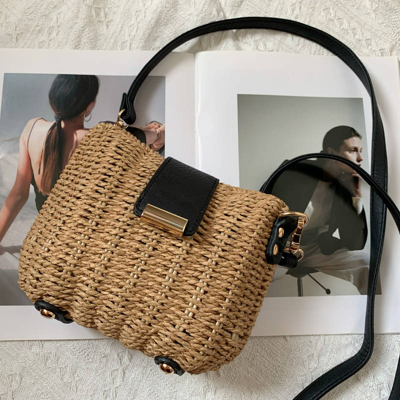 Single Shoulder Strap Strap Type Straw Bag Bags Type Casual Occasion Women's Paper Color Block Vacation Weave Square Flip Cover Straw Bag