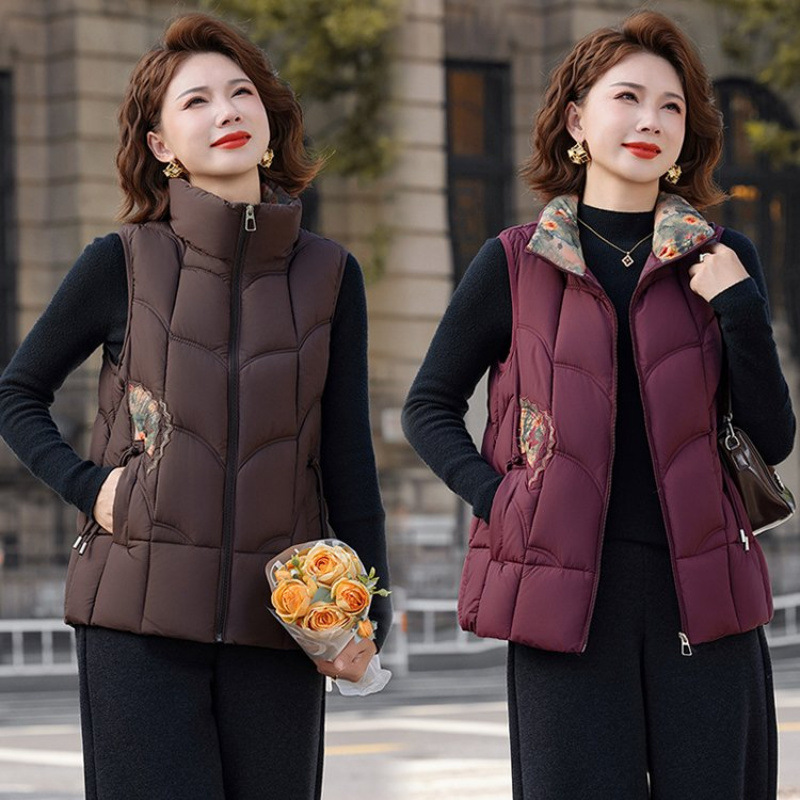 妈妈刺绣国风背心保暖奶奶坎肩棉衣外套冬新款加厚羽绒棉马夹马甲