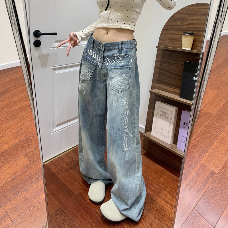 Embroidered Summer Jeans for Women, Wide-Leg Loose Straight-Cut Jeans, Slim-Fit Low-Waist Pants for Women Embroidered Summer Jeans for Women, Wide-Leg Loose Straight-Cut Jeans, Slim-Fit Low-Waist Pants for Women