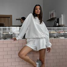 时尚独立站街头风女装女士翻领纽扣套头衫短裤两件套休闲套装女