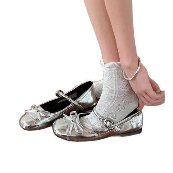 All-Match Women's Shoes silver Ballet Flat Shoes 2025 New Spring Skirt French Square Toe Mary Jane Shoes