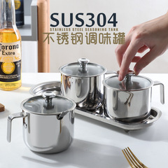 304 Stainless Steel Seasoning Jar with Handle Glass Lid Kitchen Combination Household Commercial Salt Jar Condiment Jar with Spoon Wholesale 