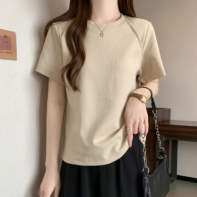Right Shoulder Short-Sleeved T-Shirt for Women, Summer Women's New Style, Shoulder Pad Design, Fishbone Chic Loose Top for Women, Trendy Right Shoulder Short-Sleeved T-Shirt for Women, Summer Women's New Style, Shoulder Pad Design, Fishbone Chic Loose Top for Women, Trendy