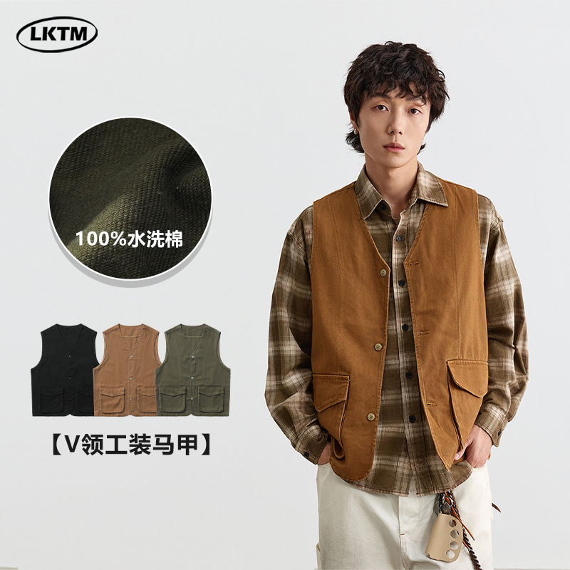 Lktm Men's Clothing American Retro Mountain Style Workwear V-Neck Vest Men's Casual Loose Pure Cotton Versatile Jacket