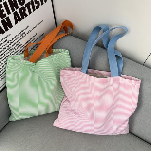 Striped Contrast Color Small Fresh Simple Canvas Bag Large Capacity Class Commuter Bag High Color Shoulder Tote Bag