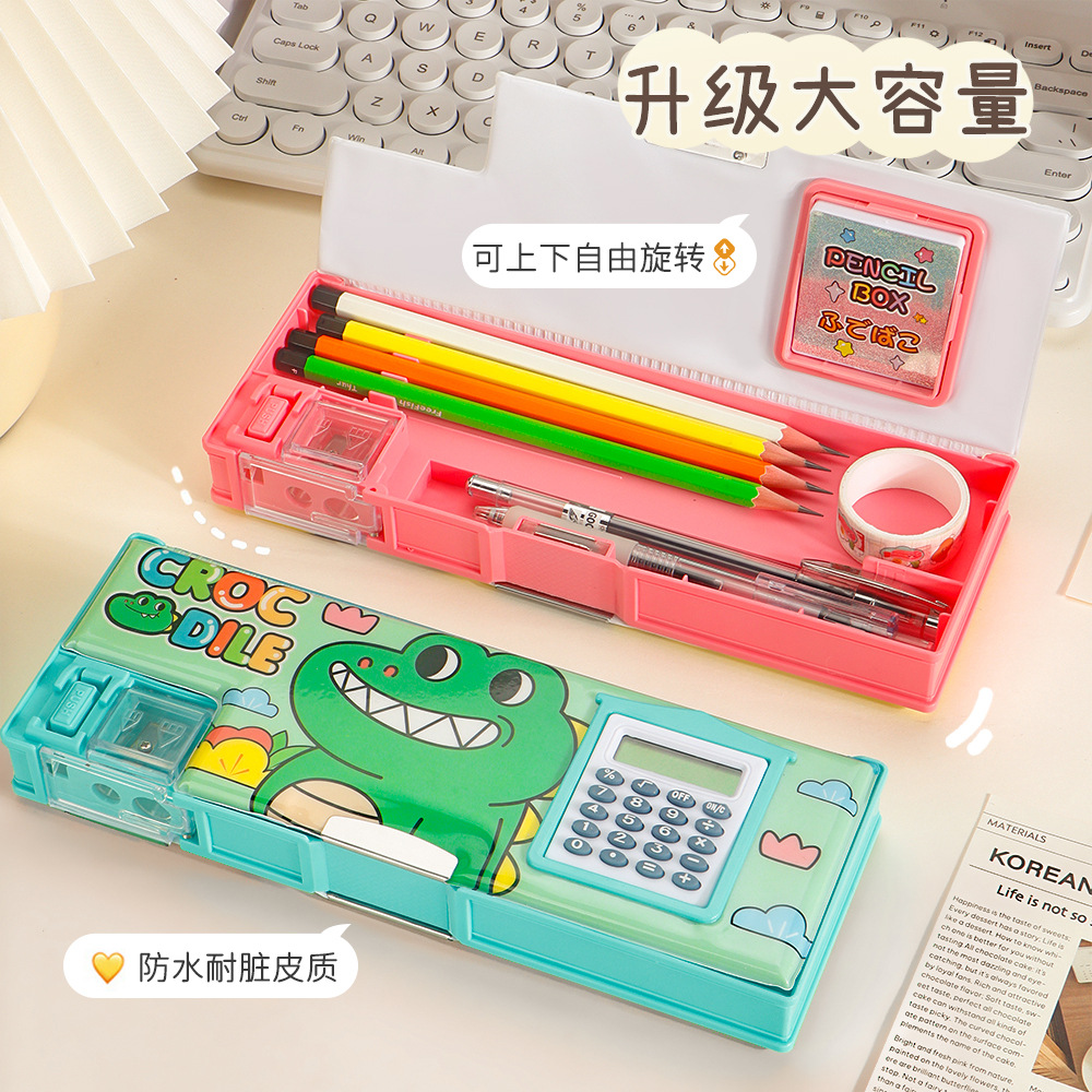 Caja de papelería multifuncional con calculadora, caja de lápices magnéticos de doble cara para el aprendizaje de los niños, sacapuntas incorporado, caja de doble cara en stock