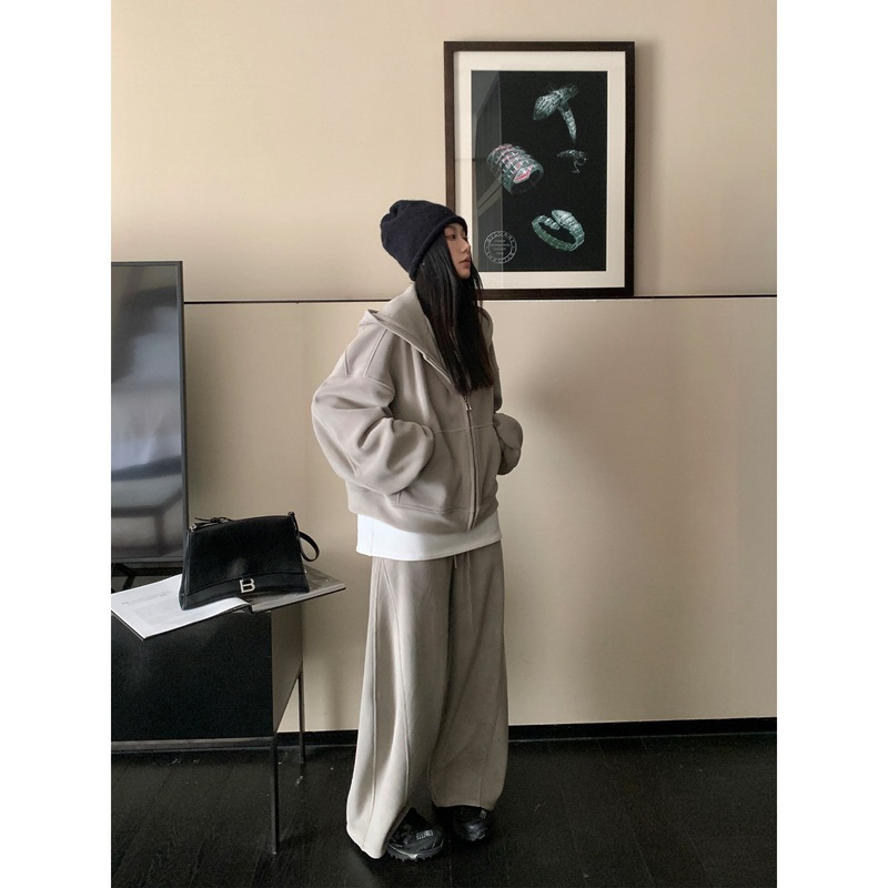 区区欧阳连帽卫衣外套女冬季加绒加厚慵懒风休闲宽松美式复古上衣|undefined