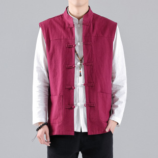 2022 Spring and Autumn New Chinese style men's solid color cotton and linen vest retro Chinese men's plus size Waistcoat Vest