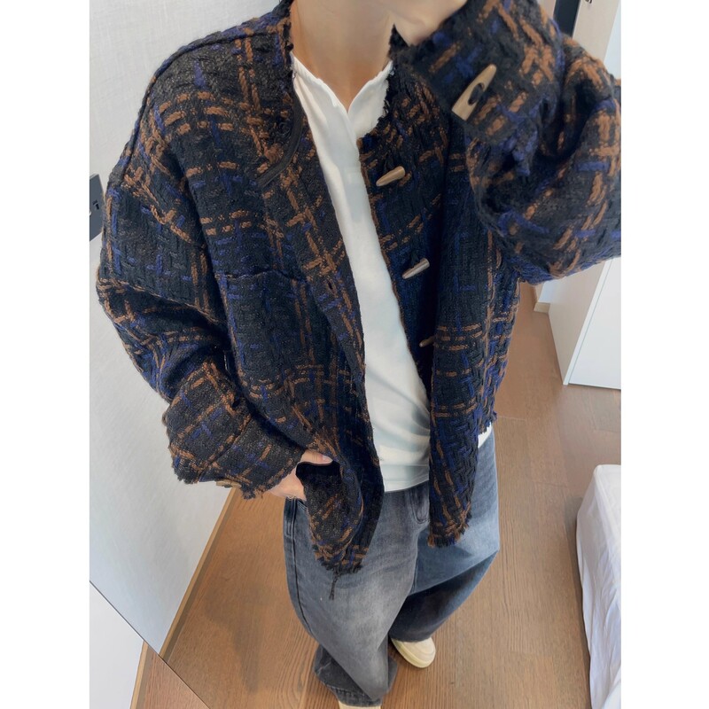 Factory Autumn and Winter Retro Versatile Coarse Woolen Woven Small Fragrance Collarless Raw Edge Jacket Men's Trend