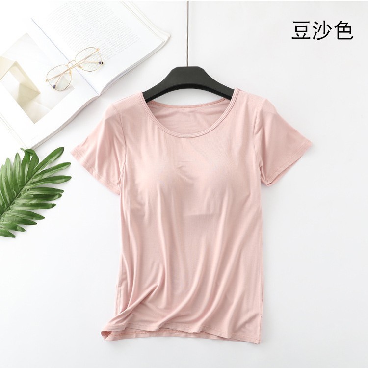 莫代尔带胸垫短袖T恤瑜伽家居服睡衣上衣女半袖文胸罩杯一体打底|undefined