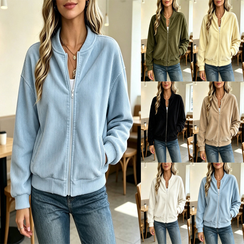 2026 European and American cross-border retro striped jacket, zip-up baseball collar, casual, drop-shoulder, loose-fitting women's outerwear 2026 European and American cross-border retro striped jacket, zip-up baseball collar, casual, drop-shoulder, loose-fitting women's outerwear