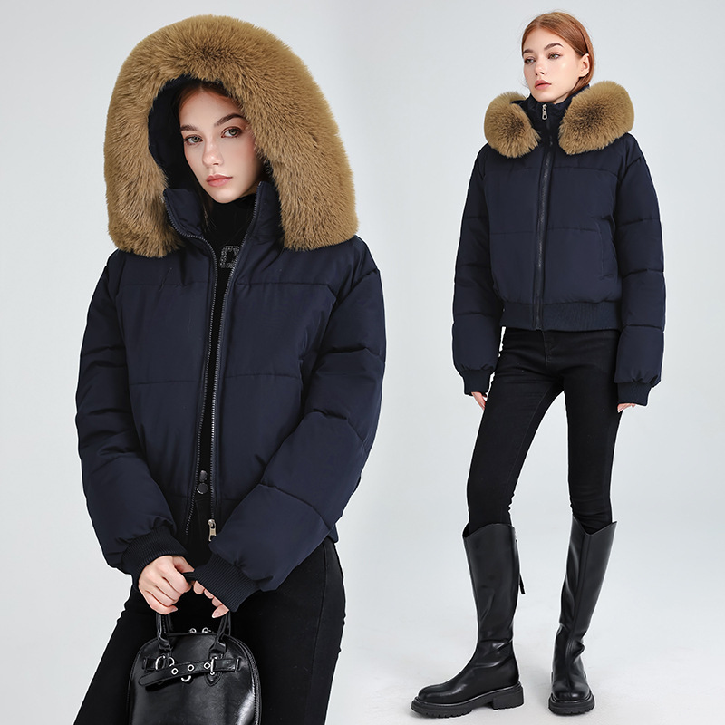 黑色大毛领连帽羽绒棉服女短款2025年冬季韩版收腰棉衣小个子外套|undefined