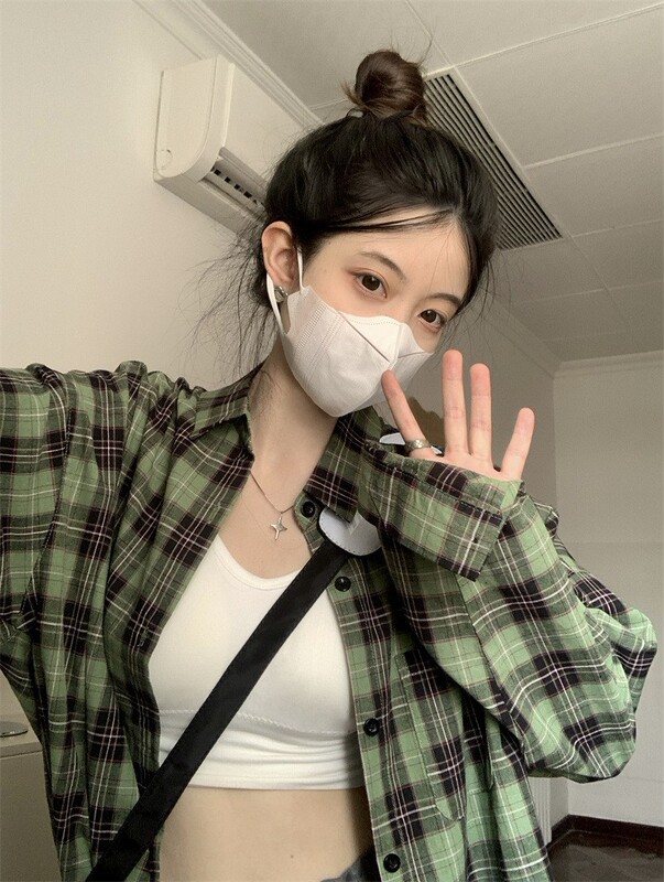 春と秋の新しい緑の格子のシャツのコートの女性の香港風の小さい大衆はカップルのシャツのins潮の学生の上着を設計します。|undefined
