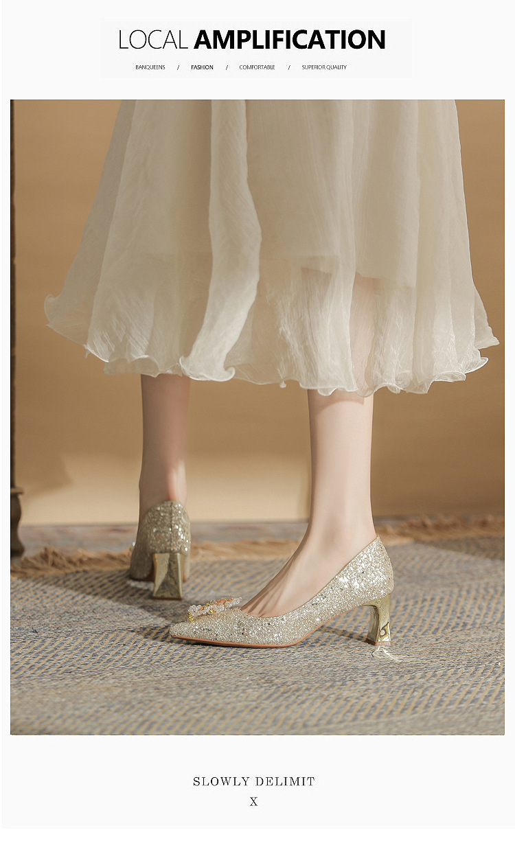 Giày cưới đính sequin mũi nhọn gót vuông cao 6 cm — Màu Sâm panh chi tiết 8