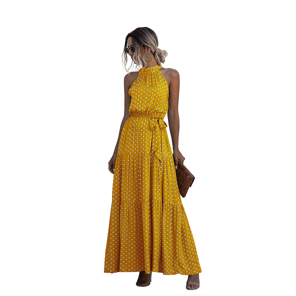 245g Weight Maxi Long Dress Dress Length Type Sleeveless Sleeve Length Polka Dot Dress Dresses Type Sleeveless Sleeve Type Polyester Fabric Type High Waist Waist Line Street Occasion Halter Neck Neckline Slim Fit Type Round Dots, Ditsy Floral Pattern Summer Season Women'S Gender Printing Design Elegant Style Wholesale Women'S Elegant Printing Round Dots Ditsy Floral Street Halter Neck Sleeveless Polka Dot Dress 2