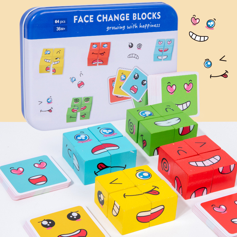 Cross-Border Wooden Iron Box Expression-Changing Magic Cube Building Blocks Children's Educational Parent-Child Board Game Challenge Level Game Toy