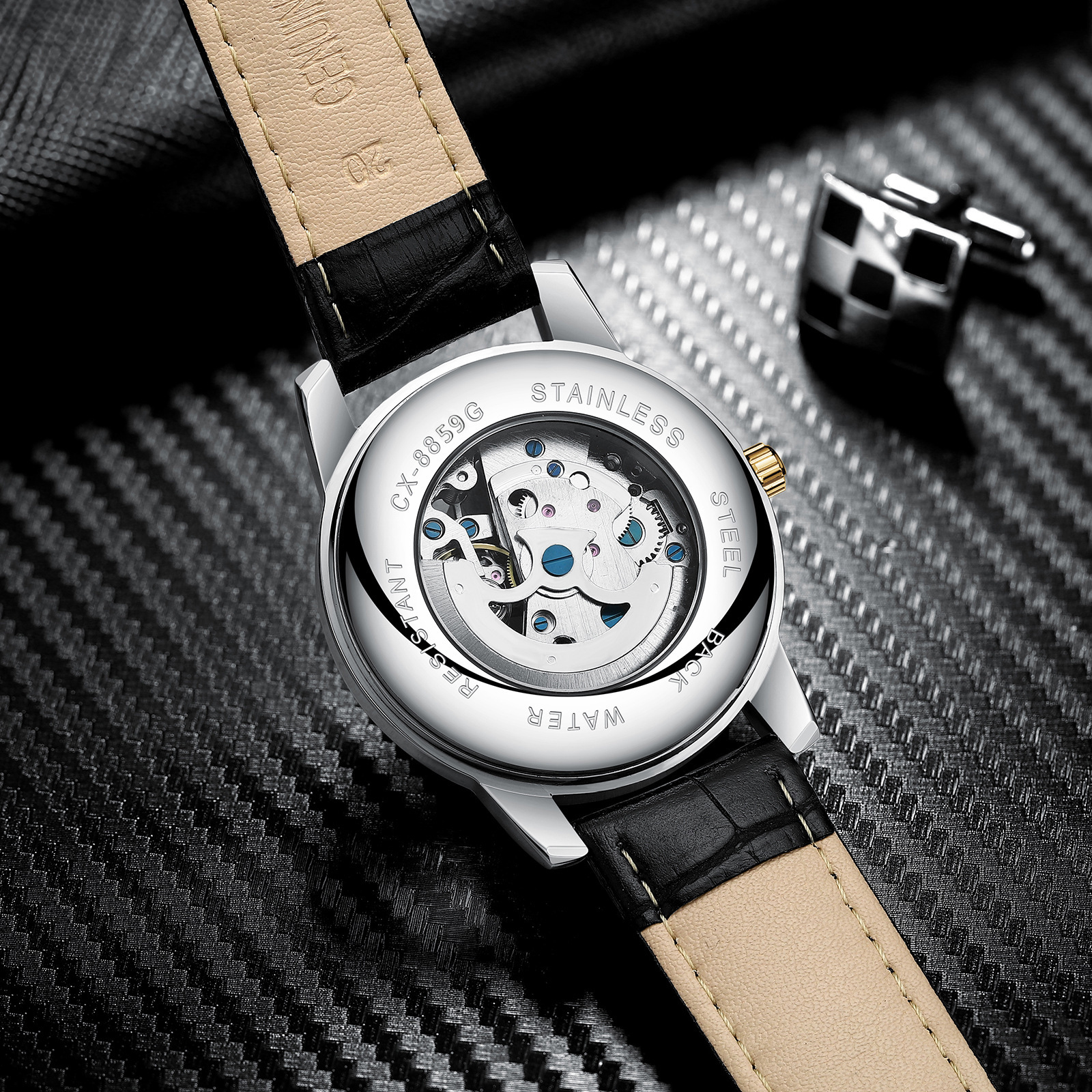 Chenxi negocio hueco reloj mecánico automático de los hombres de la luna correa de cuero impermeable reloj luminoso moda transparente inferior