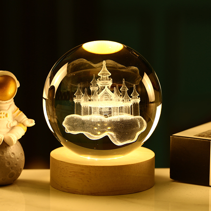 Bola de cristal 3D de la Vía Láctea — grabado interno luminoso con base de madera, luz nocturna decorativa creativa