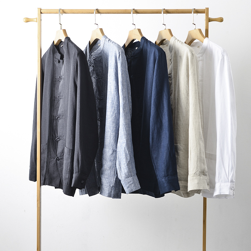 Primavera 2024 hombres de lino estilo nacional camisa suelta retro hebilla chino stand collar manga larga E009