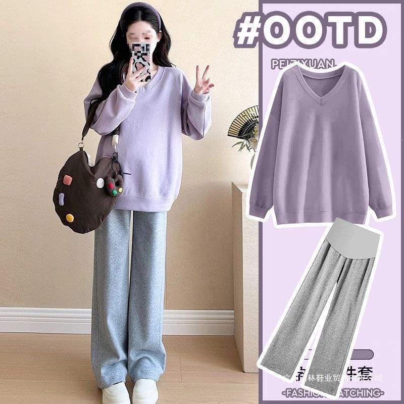 Maternity Wear Autum 2025 New Suit Fashionable and Age-Reducing Casual Sweatshirt Pregnancy Large Size Pants Two-Piece Set