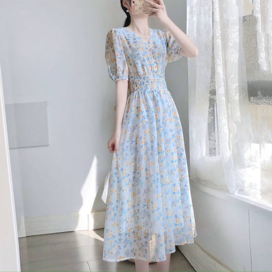 Long-sleeved/short-sleeved saltable sweet and gentle style long dress fairy style super fairy mori collar chiffon floral dress
