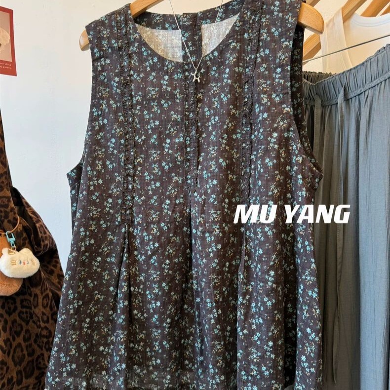 Korean-style sweet floral print sleeveless round-neck shirt, women's new summer loose-fit top, high-quality blouse