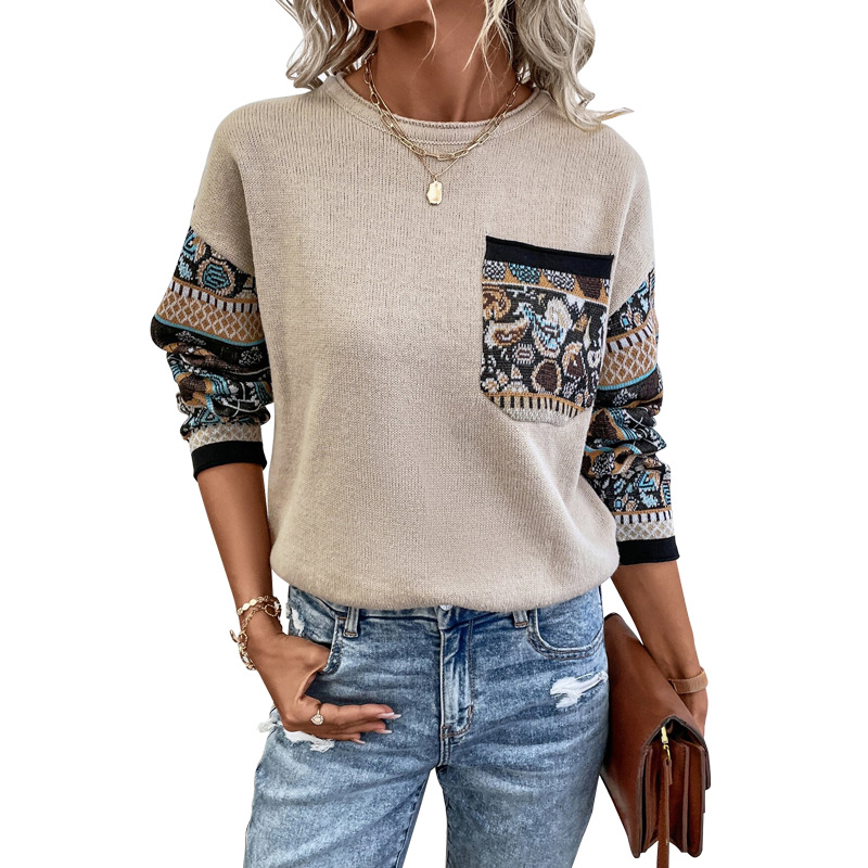 Women's Clothing Women's Autumn Knitted Loose Sweater Round Neck Color Block Long Sleeve Top For Formal & Casual For Women_ecoleips.com