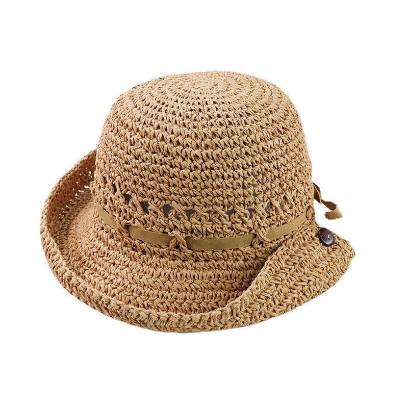 Summer turned-over handmade crocheted straw hat travel sunscreen sunshade hat children's face small face fisherman hat all-match tide